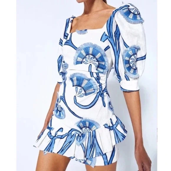 Alexis San Paolo Embroidered Blue and White Linen Toile Dress - Picture 3 of 10